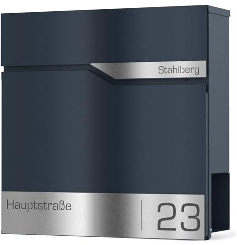 Graviers Design Cassetta delle lettere con scomparto per giornali in antracite, RAL 7016, personalizzabile, in acciaio inox, con nome della strada, con serratura