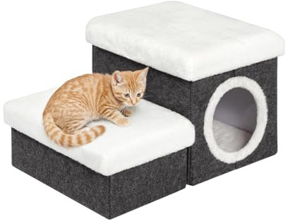 Bonlife Cat House Pet Stairs for Beds Sofa, Dog Bed for Indoor, Foldable Cat Climb Ladder with Storage,2-Tier Pet Steps with Toy Box,Dark Grey,58x40x32cm
