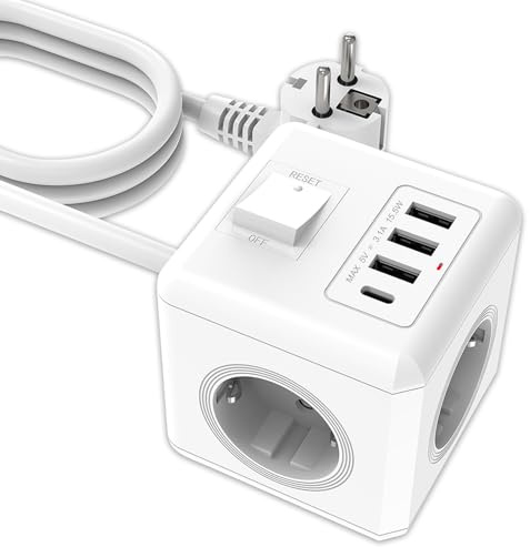 ANTELA Mehrfachsteckdose Würfel USB mit Schalter 16A | 3fach Steckdosenwürfel Mehrfachstecker, 3 USB und 1 Typ-C, Verlängerungskabel 1,5m, Für Büro