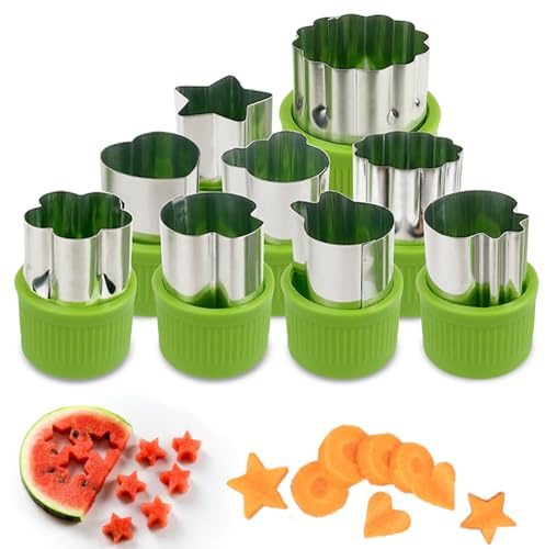Fruit and Vegetable Cutter Stamp Set 9 Pieces - Love Heart, Star, Flower, Rabbit, Bear, Strawberry, Lace, Mushroom Shapes - Green Mini Pie Cookie Biscuit Mold for Baking