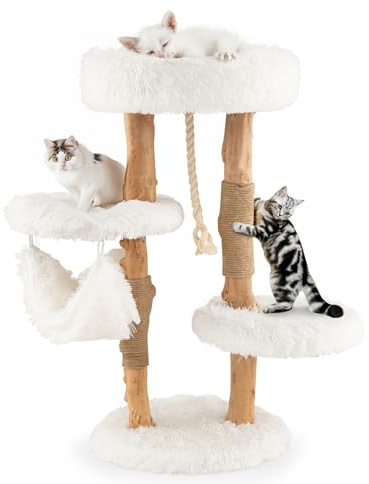 COSTWAY 87cm Kratzbaum Holz, Katzenbaum mit Kratzpfosten aus Jute und Massivholz, Katzenturm mit Hängematte & Sisalseil & Plüschsitzflächen, Katzenmöbel, Katzenkratzbaum Kletterbaum Katzen, Weiß