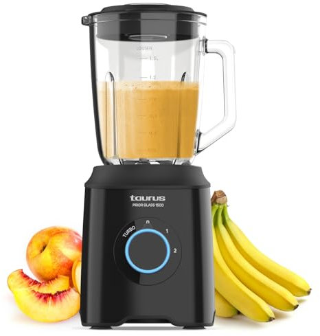 Taurus - Batidora de Vaso Prior Glass | 1500W | 2 Velocidades + TURBO | Cuchillas 4 Filos Extraíbles | 2 Velocidades + TURBO | Diseño Negro Elegante | Seguridad Antideslizante | BPA Free