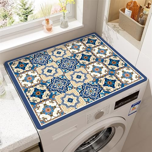 Odot Bohemia Cubierta para Lavadora, Protector Superior Lavadora y Secadora, Alfombra para Lavadora, Antideslizante, para Lavadora Microondas Refrigerador Universal (50x60cm,Geometría Azul)
