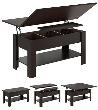 Couchtisch Höhenverstellbar, 3-in-1-Multifunktions-Wohnzimmertisch, Kaffeetisch, Versteckter Aufbewahrung, Offenes Fach, Als Esstisch nutzbar, für Wohnzimmer, Büro, Schwarzbraun