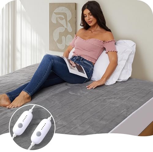 Heated Mattress Pad Queen Size 60x80, 5 Heating Levels Dual Control with 10 Hours Auto-Off, Cozy Coral Fleece, Warming Bed and Fast Heating, Grey