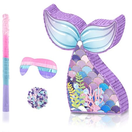 Pinata SirèNe, DéCorations SirèNe PiñAta De Jeu De FêTe D'Anniversaire Avec BâTon De Pinata Und Masque Pour Les Yeux, DéCorations De FêTe Sur Le ThèMe Des SirèNes Pour GarçOns Et Filles(31.5*7.5*41cm)