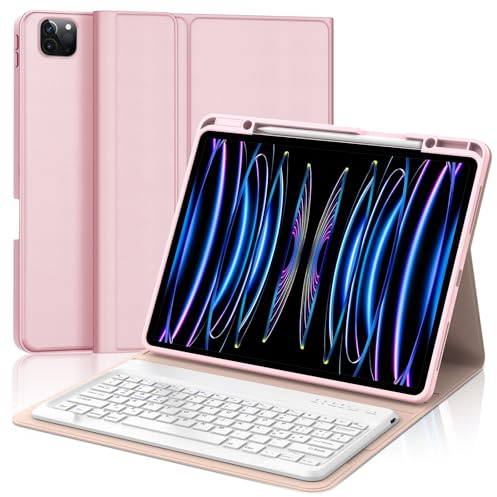 SENGBIRCH Funda con teclado para iPad Pro 12,9 6ª/5ª/4ª/3ª generación, diseño italiano QWERTY extraíble inalámbrico Bluetooth teclado, funda con portalápices soporta carga, rosa claro