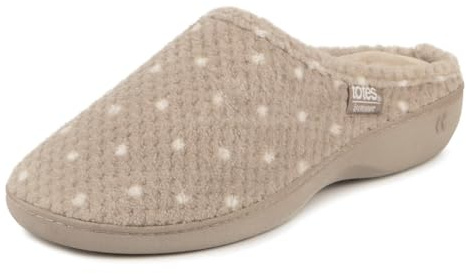Isotoner® Ladies Popcorn Terry Mule Slippers, Pillowstep® Memory Foam with 360° Surround Comfort, Secret Sole Support, Durable Sole, Machine Washable, Natural Spot, 5 UK