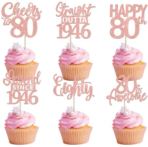 SYKYCTCY 24 Pack Happy 80th Birthday Cupcake Toppers Glitter Eighty 80 Fabulous Straight Outta 1946 Legend Since 1946 Cupcake Picks for 80th Birthday Anniversary Party Cake Decorations Supplies