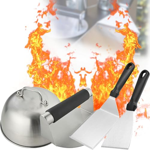 Cerkkapo Burger Smasher Set, Kit de Presse à Hamburger, Smash Lot de 5 Hamburgers en Acier Inoxydable, avec Presse à Hamburger, 2 Spatules, et Cloche, pour Gril à Gaz, Plaque à Feu, Teppanyaki