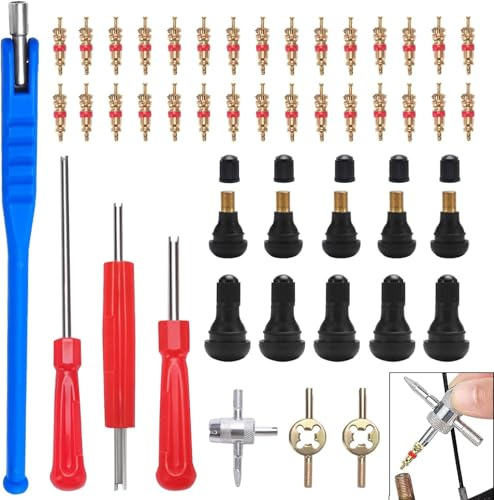 TR412 Tyre Valve Stem Puller Tools Set, Pure Copper Valve Core, with TR412 Snap-in Valve Stem, Dual & Single Head / 4-Way Valve Core Remover, for Tire Tyre of Car, Truck, Motorcycle(47 Pack)