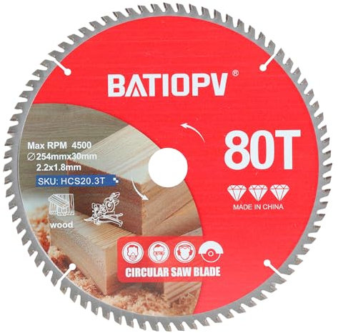 BATIOPV Lama per Sega Circolare 254 x 30 mm, 80 Denti, per Legno, Truciolare, Compensato, Legno Duro | Compatibile con Dewalt, Makita, Bosch, einhell