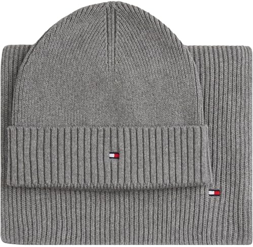 Tommy Hilfiger Uomo Set Regalo Flag Sciarpa e Berretto, Grigio (Mid Grey Heather), Taglia Unica