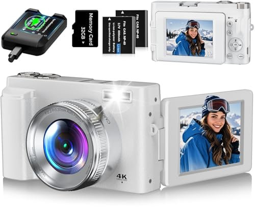 4K Digitalkamera 48MP Autofocus Kompaktkamera Fotokamera mit 32GB Karte, 3 Zoll 180° Flip-Bildschirm, 16X Digital Zoom Kompaktkamera Fotoapparat mit 2 Batterien für Anfänger