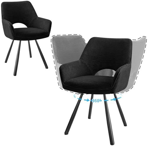 JIJIAN 2er Set Esszimmerstuhl Drehbar mit Armlehne, Drehbar 360°, Küchenstuhl, Moderner Polsterstuhl mit Stoffrückenlehne für Küche, Esszimmer, Schlafzimmer, Schwarz