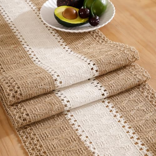 Jute Tischläufer Braun Makramee 30x183cm Natur Juteläufer Tischläufer Landhausstil Bauernhaus Vintage Rechteckige Häkelspitze Mesh Tisch Läufer Modern Tischdeko für Hochzeits Küche Esstisch