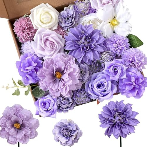 Zaphyron Künstliche Lila Blumen, Seidenblumen Rosen Schaum, gefälschte Dahlienrosen Combo Schaum Seidenblumen für DIY Hochzeitstorte Sträuße Mittelstücke Arrangements Party Home Dekorationen (Lila)