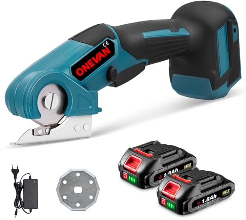 ONEVAN Ciseaux électrique tissu couture sans fil professionnel 300W - Coupe-tissu industriel haute performance - Découpe précise cuir, tapis, textile (2 batteries lithium + chargeur)