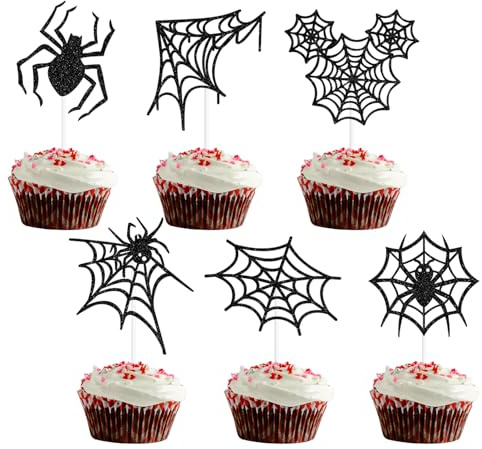 24PCS Halloween Spider Web Cupcake Topper, Happy Halloween Spiderweb Cupcake Picks, Horror Baby Shower Birthday Movie Night Party Decroations