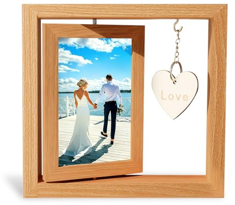 HSYTEK 10x15cm Herz Bilderrahmen, Bilderrahmen Doppelseitig, 360° Drehbarer Fotorahmen, Holzbilderrahmen mit Anhänger für 2 Fotos, Photo Frame für Jahrestag, Geburtstage, Hochzeit