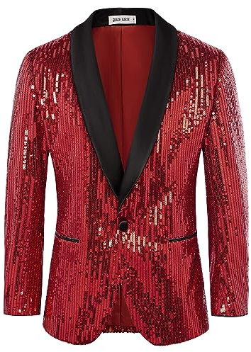 Grace Karin Uomo Blazer da Festa con Paillettes a Bottone Singolo con Scialle e Risvolto Scintillante, S