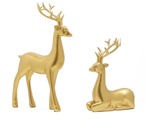 NSdawali 2Pcs Gold Christmas Reindeer Decor, Small Resin Deer Figurines Standing Sitting Mini Reindeer Statues Sculpture Xmas Ornaments for Indoor Home Cabinet Mantle Table Top Centerpiece Decoration