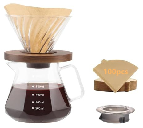NKFOOPDU Pour Over Coffee Maker 20oz, 600ml Borosilicate Glass Coffee Server, Drip Coffee Maker with 100 pcs V60 Paper Filter, Walnut Base & Glass Lid,Hold 3 Cup,for Home Café Restaurant Camping