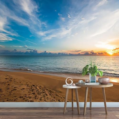 Fotomurales Decorativos Pared Mar y Playa 3D Mural Autoadhesivo Pared Atardecer Papel Pintado Tela de Seda Papel Tapiz Panorámico 250x175 cm A-6782