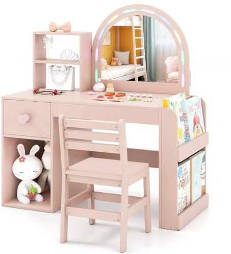 RELAX4LIFE Tocador Niña con Silla, Espejo, Luces LED Coloridas y 3 Accesorios, Tocador de Maquillaje Niña con Estantería de 2 Niveles, Cajón y Armario Abierto para Niños de 3+ Años (Rosa)