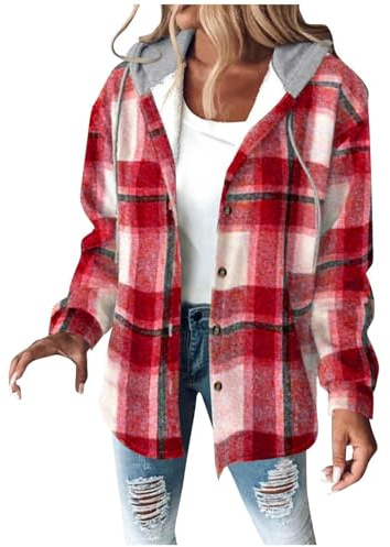 Veste de chemise pour femme avec capuche en polaire - Veste d'hiver à carreaux - Blouse chemise - Manteau chaud doublé - Veste en laine à carreaux - Veste à capuche ample - Veste tendance - Manches