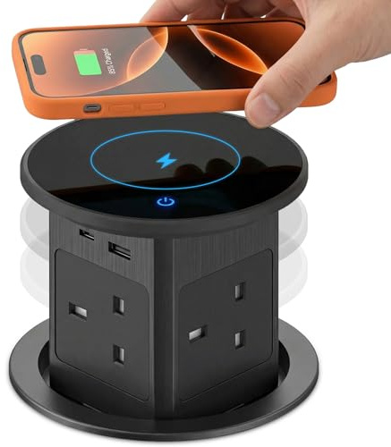 Pop up Sockets for Kitchen Worktops with 15W Wireless Fast Charger, Touchscreen Automatic Pop up, 4 x UK Plugs & 1x USB & 1x 20W Type C Port for Home Office Kitchen Worktops Desktop