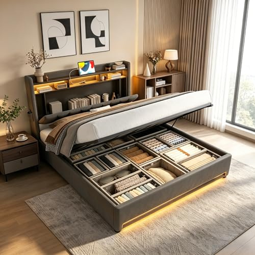 MARSBIRD Bettgestell 160x200cm MTI Stauraum unten, Modernes Polsterbett Bettrahmen Doppeltbett Jugendbett mit Kopfteil, LED-Belechtung und USB-Anschlüsse, ohne Matratze Grau