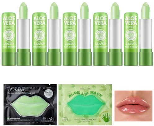 5 Pcs Aloe Vera Lippenpflege,Aloe Vera Magic Lipstick Lippenpflege Magischer Lippenbalsam Mit Farbwechseleffekt,Temperaturabhängiger Farbwechsel,Feuchtigkeitsspendend Pflegend Mit 2 Lippenmasken