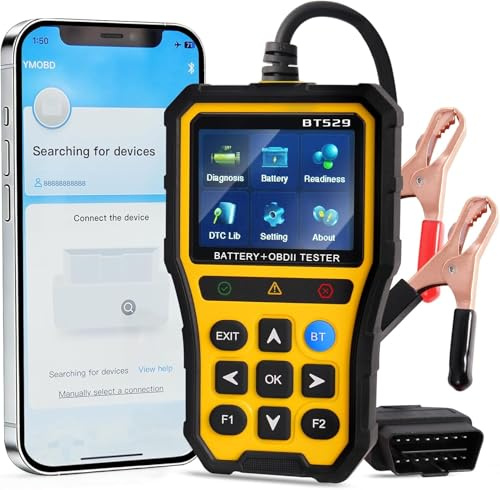 2-i-1 OBD2-diagnostikenhet och batteritestare för alla 12 V-fordon | Motorfelkoder läsning och borttagning, testning av batterispänning, inre motstånd, laddningsstatus och hälsostatus