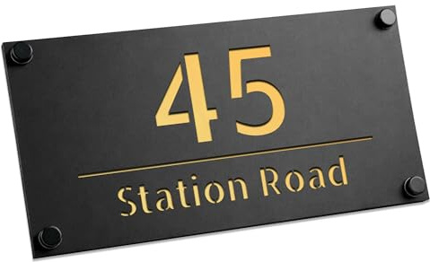 Red Ocean Number Signs Personalised House Laser Cut 3d Door Street Address Matt Black and Silver Plaque 280x140mm Wall Mounted Adress Plaque (Matt Black and Gold)