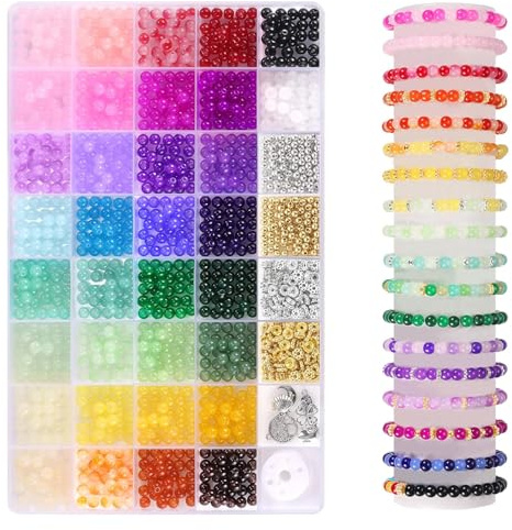 1420 Stück Glasperlen für Armbänder, 6mm Perlen Set, Erwachsene Kinder | 34 Farben, zum Auffädeln, DIY Schmuckherstellung Set, Bastelset Armband Selber Machen