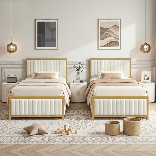 VECELO 2er-Set Polsterbett 90x200 cm, Bettgestell mit gepolstertem Kopfteil und Metall-Lattenrost, 32 cm Stauraum unter dem Bett, kein Boxspring nötig, stabil, für Erwachsene und Jugendliche, Beige