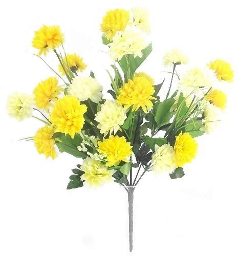 Gorgeous Artificial Silk Yellow & Cream Mini Chrysanthemum / Mum bush with Leaves ca 35 flower heads - grave home spring flowers