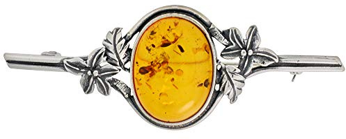 Sterling Silver Baltic Amber Oval Brooch Pin for Women Antiqued Finish Approx. 2 9/16 inch Wide