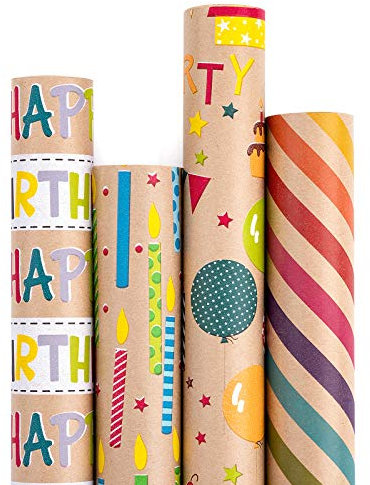 RUSPEPA Geschenkpapier Kraftpapier - Buntes Geschenkpapier Zum Geburtstag - 4 Rollen - 76 X 305 cm Pro Rolle