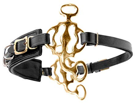 AMKA Hackamore Barock, mit 3 Ringen, Nasenriemen Leder schwarz, Anzüge goldfarben
