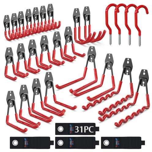 3-H Garage Wall Hooks 31 Pack, Garage Hooks Heavy Duty with Extra Welding Spots, Garage Organizer for Garden, Lawn, Yard Tools, Chairs, Ladders, Weed Eater, Shovel, Blower (Red)