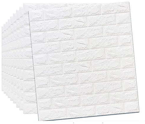 77X70cm Papier Peint En Briques Blanches 3D, Panneaux Muraux 3D Fond D'écran de Mur de Briques Autocollant Auto-Adhésif Panneau Mural Étanche pour La Décoration de La Maison Bricolage E,10pcs