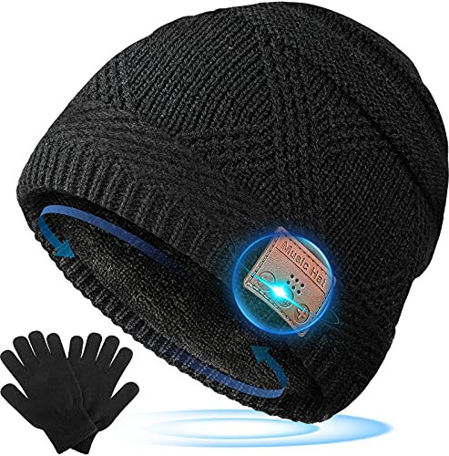 Cadeau Homme Original Bonnet Bluetooth Homme - Idee Cadeau Homme Insolite Utile Gadget, Cadeau Noel Couple Ado Garçon Bonnet Connecté Homme et Gants, Cadeau Rigolo Homme Papa Femme, Noir Taille Unique