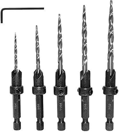 Gasea 5pcs Countersink Drill Bit Set, 1/4 Hex Shank HSS Tapered Counter Sinker Bits with Hex Key, Woodworking Pilot Hole Drill 7/64, 9/64, 11/64, 3/16, 7/32