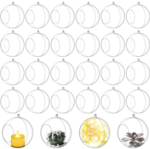 Blulu 24 Pcs Acrylic Hanging Candle Holder Wedding Tea Light Holder Air Plant Holder Clear Led Tealight Candle Holder Round Tillandsia Succulent Vase Hanger with 3.28 ft Twines Christmas (3 Inches)