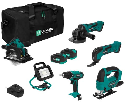 Vonroc Pack Outils Électroportatifs Sans Fil VPower 20V - Perceuse à Percussion, Scie Sauteuse, Outil Multifonction, Meuleuse d'Angle, Scie Circulaire, Lampe de Travail - 2 Batteries 4.0Ah + Chargeur
