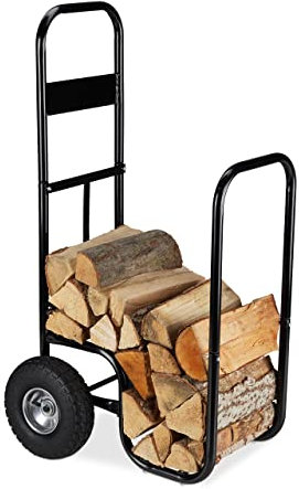 Relaxdays Carrello per Legna, da Trasposto, in Acciaio, con 2 Ruote, Contenitore, capacità di Carico Fino a 60 kg, Nero, Gomma, 1 pz