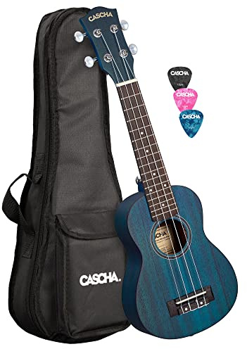 Cascha Mahagoni Blau Sopran Linkshänder Ukulele Erwachsene & Kinder - inkl. 3 Plektren & gepolsterte Tasche - Mahagoniholz-Ukulele für Anfänger & Fortgeschrittene - Aquila Nylon-Saiten