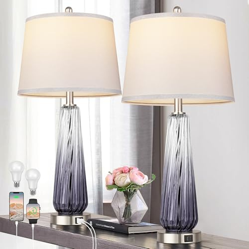 Glass Table Lamps Set of 2, Modern Bedside Lamps for Bedrooms with USB A+C Ports, 3-Way Dimmable Touch Control Nightstand Lamp with White Linen Shade, 27.5 Large Lamps for Living Room Decor, Grey